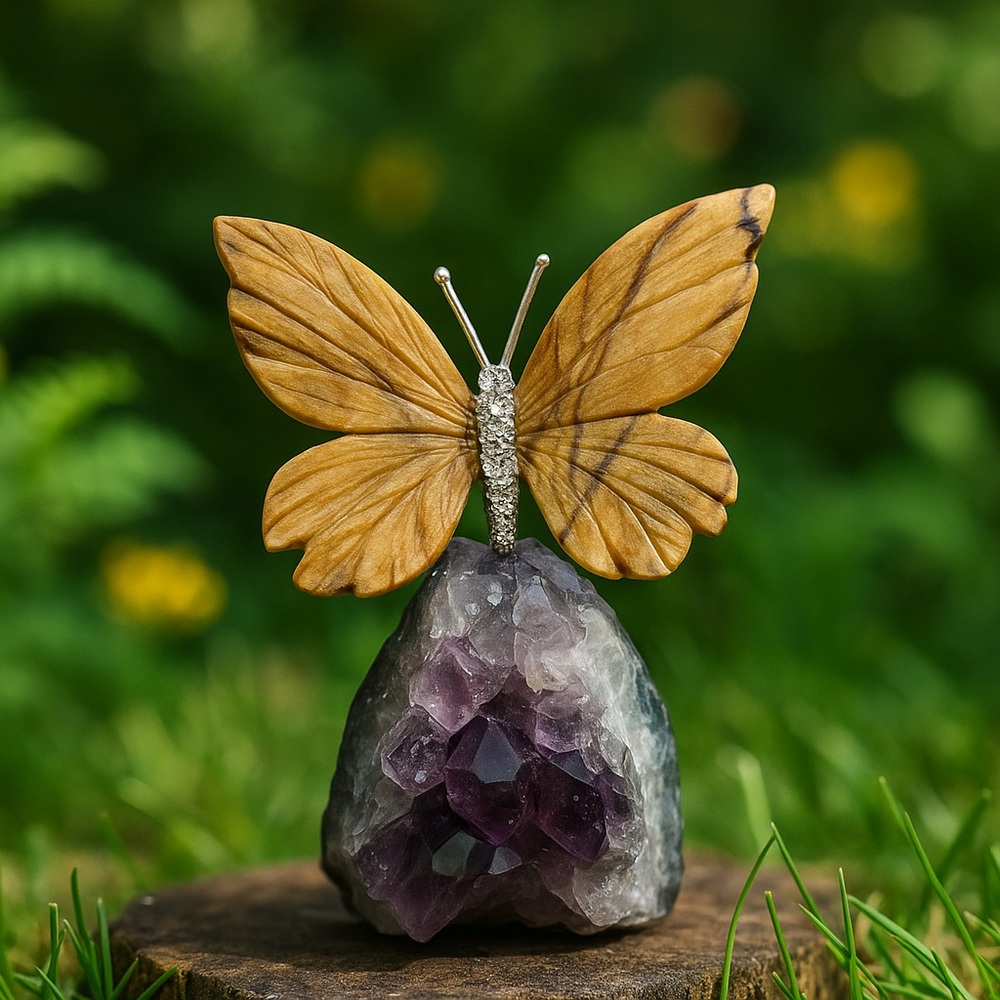 RockHound102: Vtg Picture Jasper Butterfly Amethyst Cluster-HandCarved Sculpture